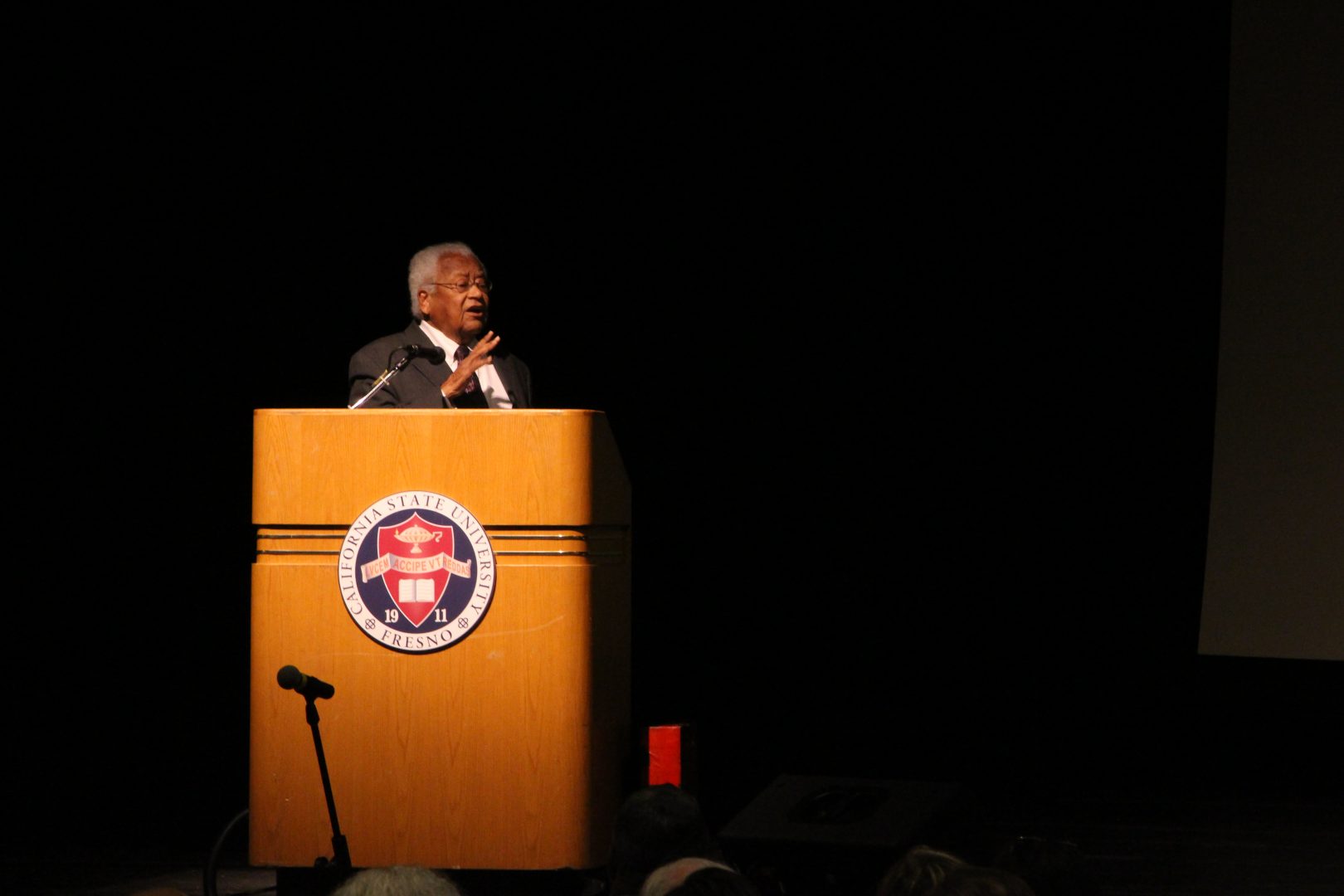 Rev James M. Lawson Jr. speaks in the Satellite Student Union in his keynote address, Gandhi and King on the “Arduous Beautiful Struggle”: Lessons in Going Forward, on Oct. 10, 2019, at Fresno State. (Zaeem Shaikh/The Collegian)