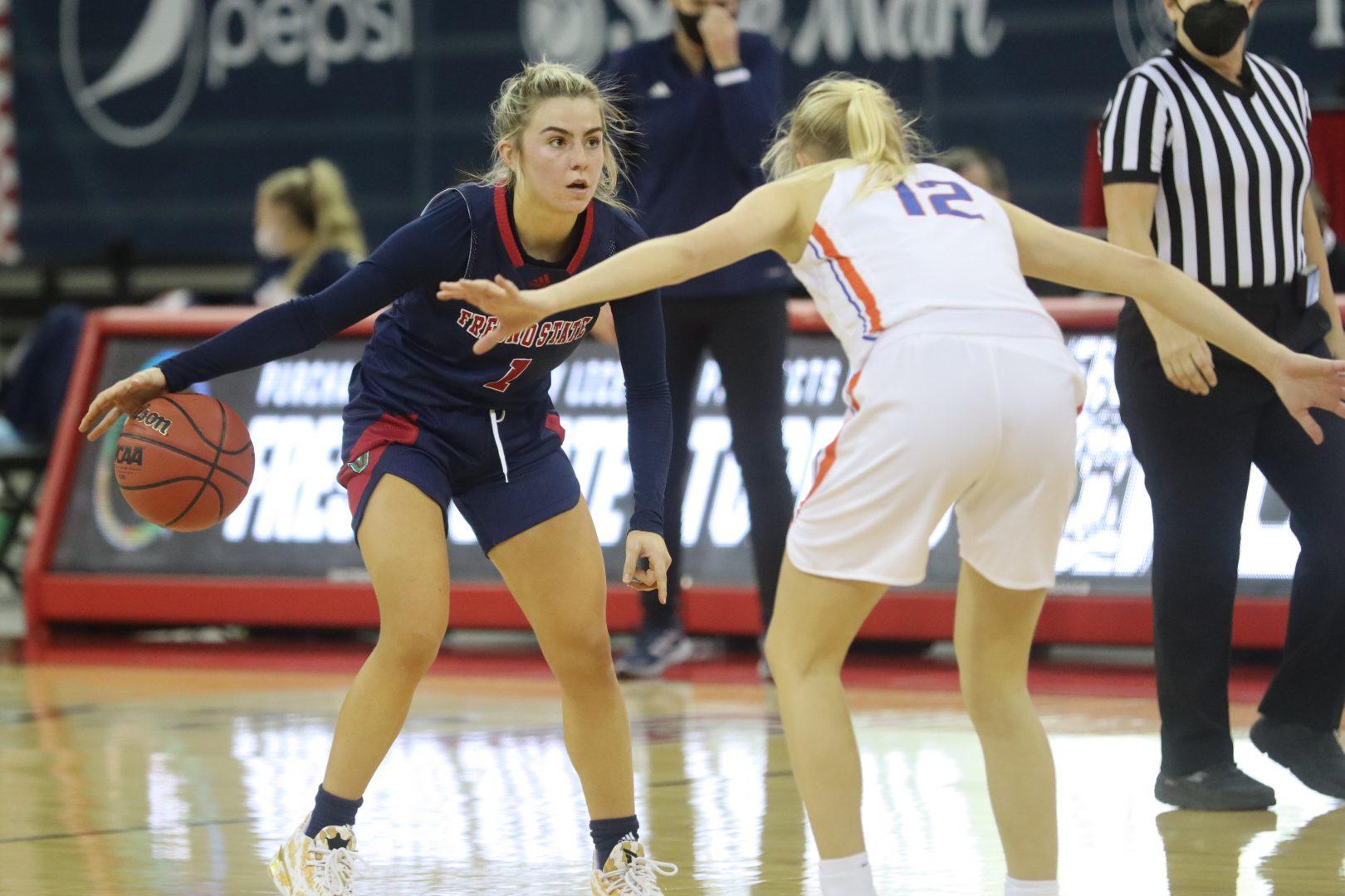 Fresno State Guard Haley Cavinder (1) brings the ball down the court during the second quarter of the game against Boise State on Jan. 21, 2021, at the Save Mart Center. (Kameron Thorn/ The Collegian)