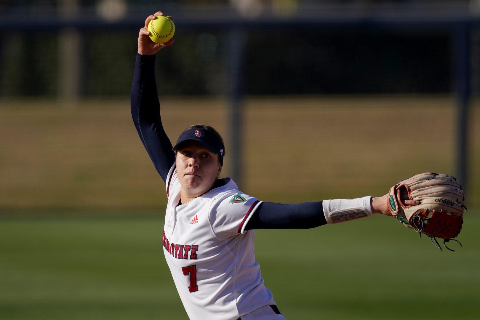 Haley Dolcini delivers a pitch versus Pacific on Friday, Feb. 19 2021 (Photo courtesy of Fresno State Athletics)
