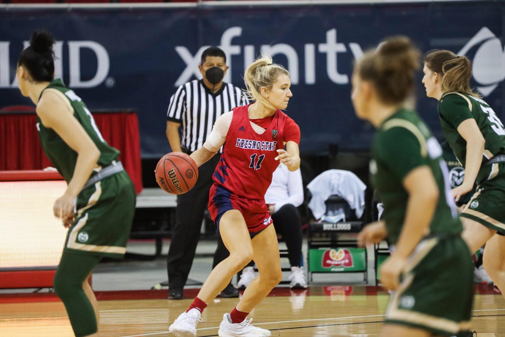 Maddi+Utti+dribbles+the+ball+in+a+game+against+Colorado+State+on+Dec.+3%2C+2020%2C+at+the+Save+Mart+Center.+%28Vendila+Yang%2FThe+Collegian%29.