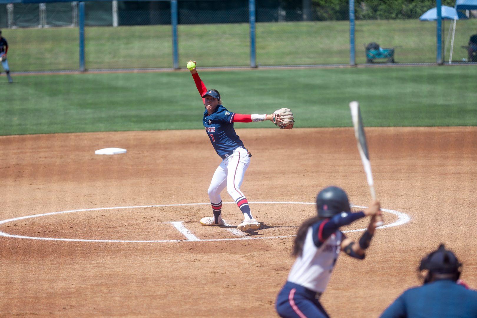 Fresno State right-handed pitcher Hailey Dolcini pitches during the first inning of the doubleheader against Saint Marys at Margie Wright Diamond on Saturday, April 17, 2021. (Vendila Yang/ The Collegian)