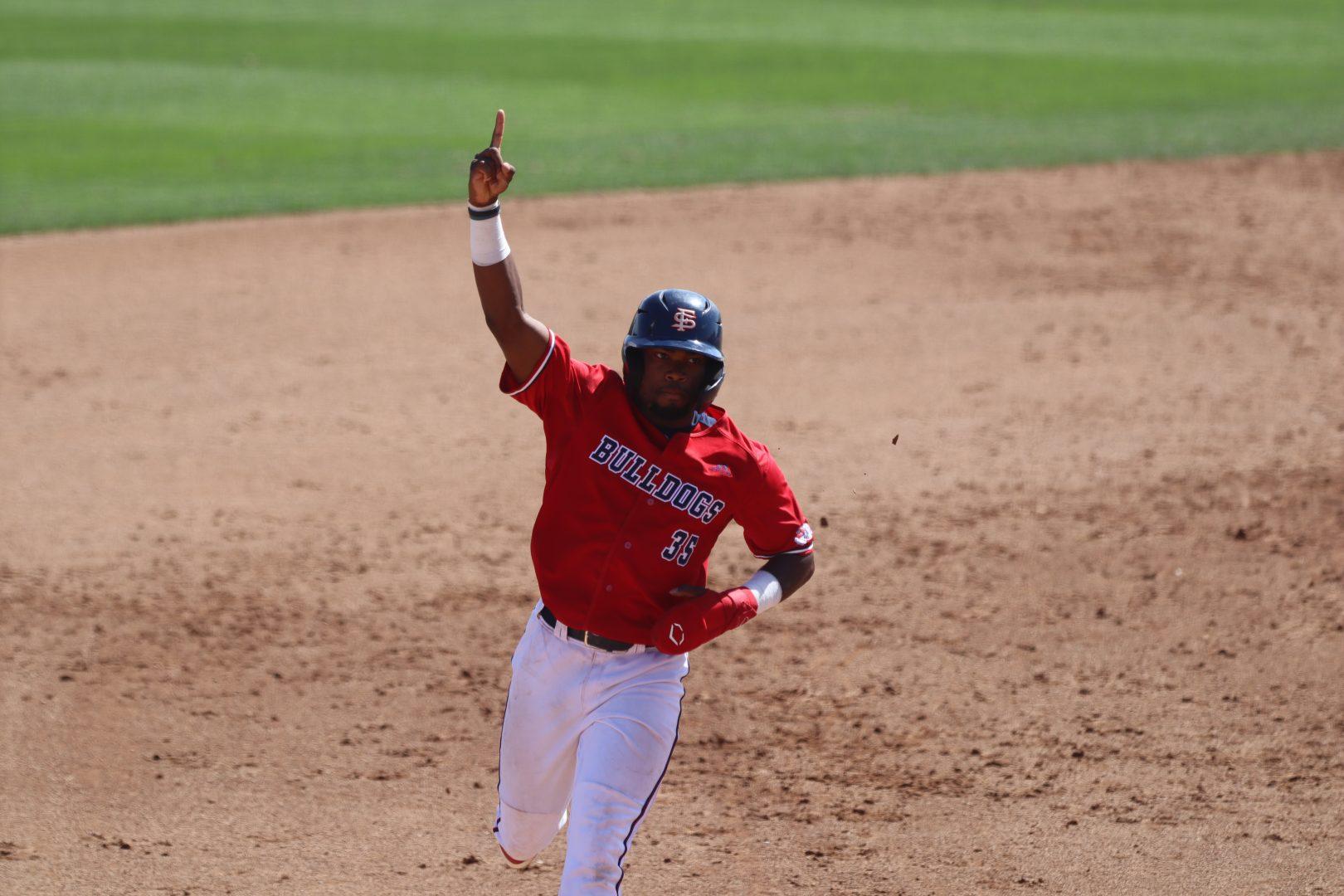 Fresno State outfielder E.J. Andrews, Jr. runs the bases in the sixth inning after Ryan Higgins hit a homerun in their game against Air Force on April 10, 2021, at Bob Bennett Stadium. (Kameron Thorn/The Collegian)