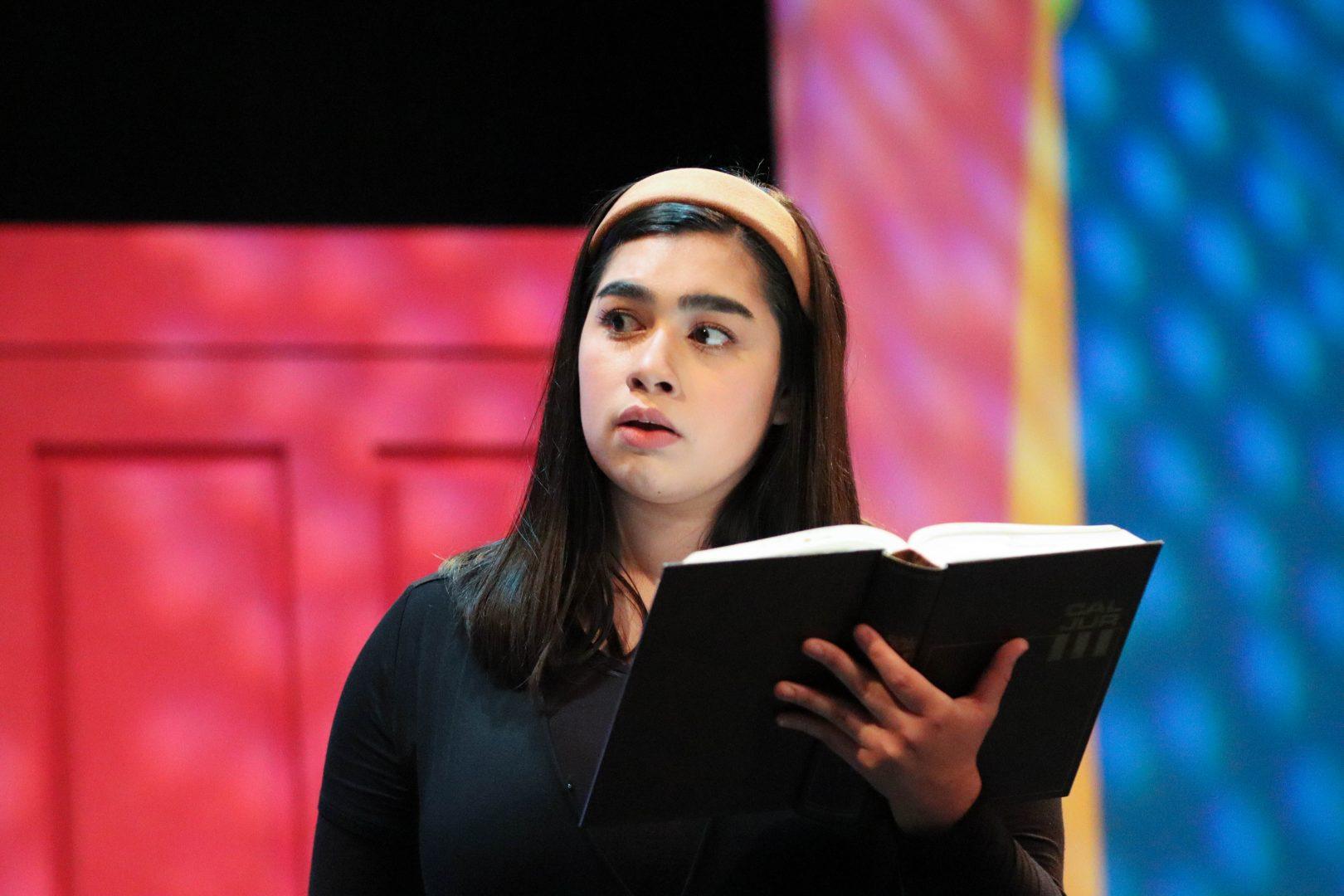Julia Prieto performs as Mrs. Trotsky in the play Variations on the Death of Trotsky, one of the six one-act plays featured in Fresno States production of All in the Timing (Halle Sembritzki/The Collegian).