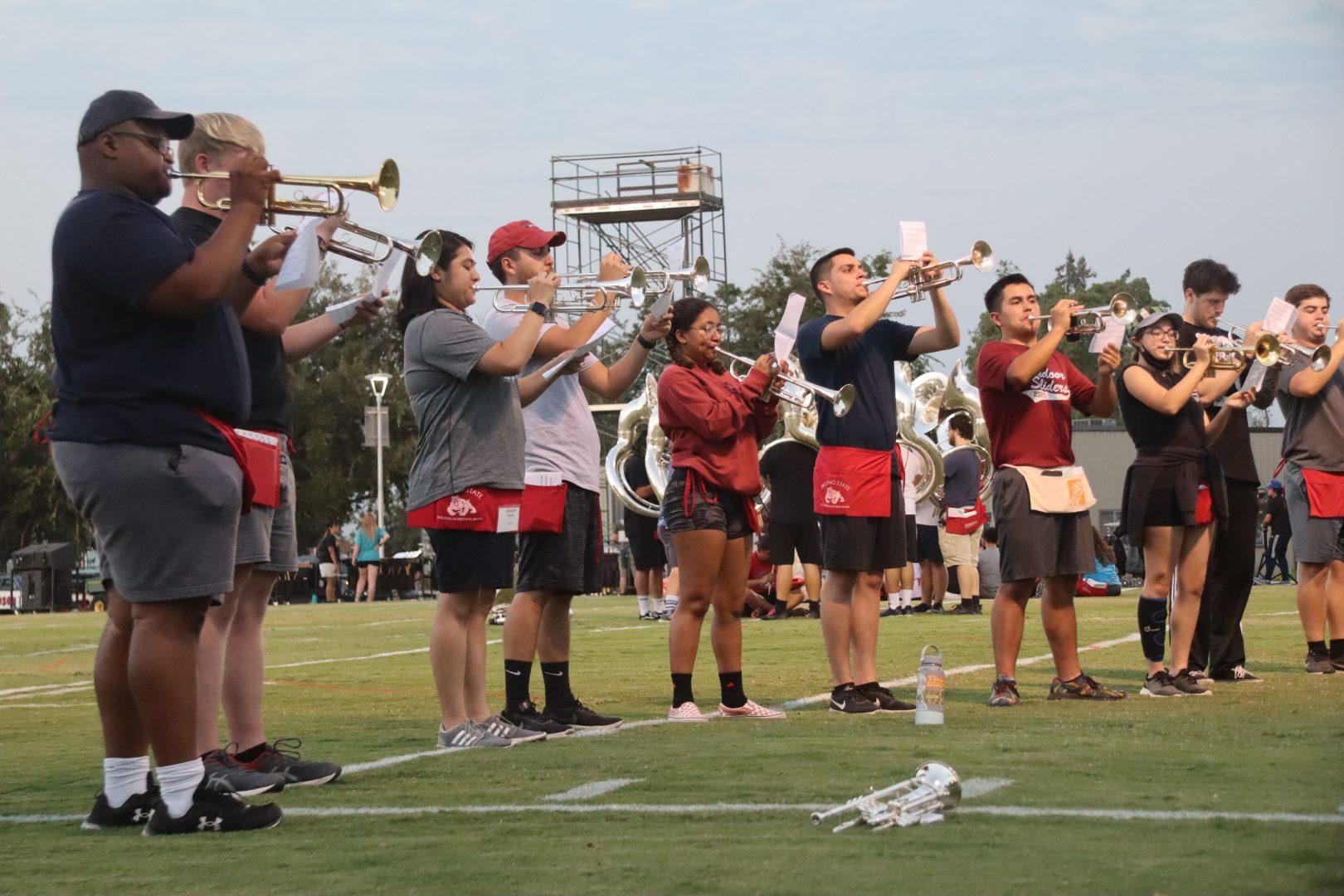 Fresno+States+Bulldog+Marching+Band+returns+to+campus+for+practice+after+a+two+year+hiatus.+%28Kameron+Thorn%2FThe+Collegian%29
