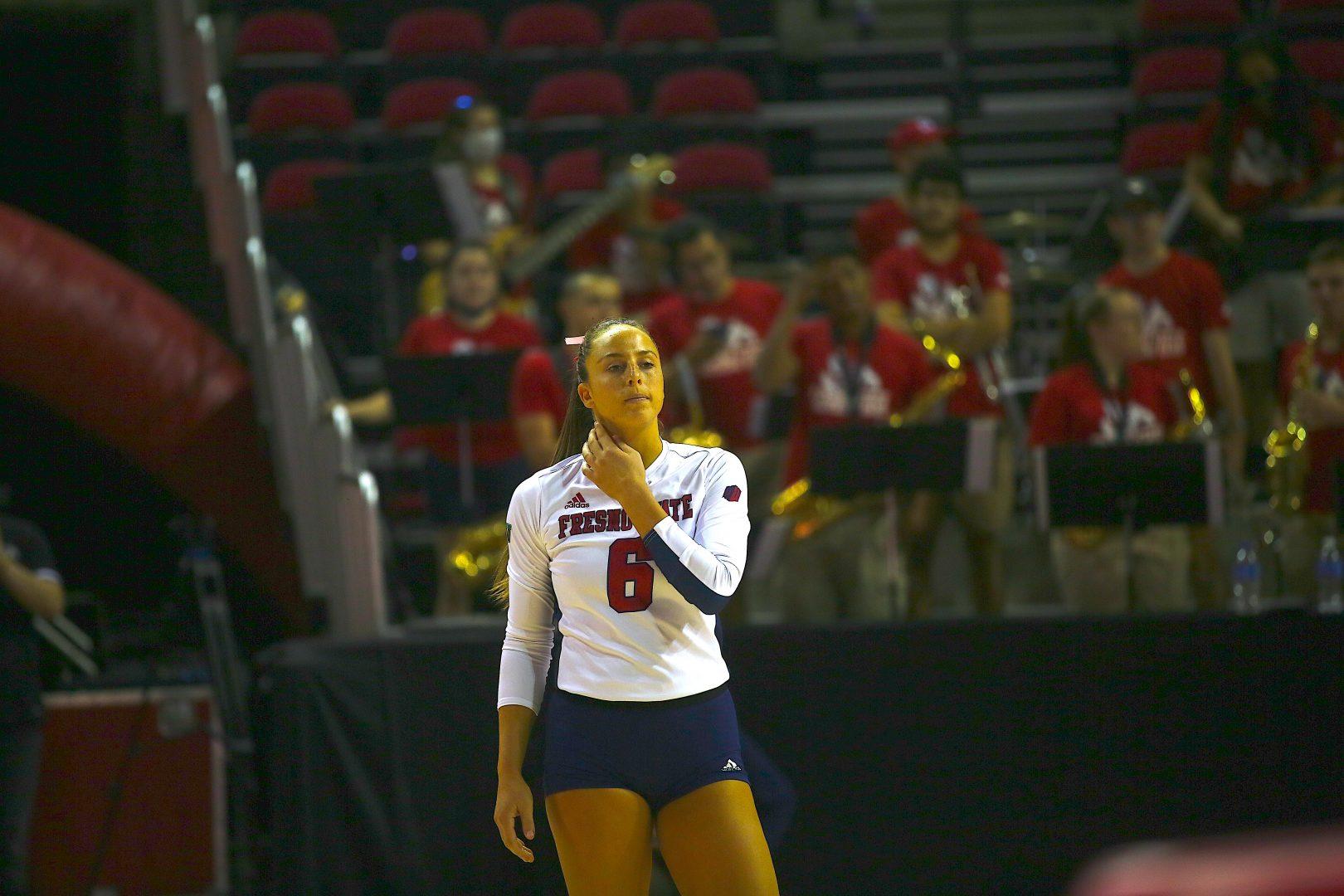 Fresno State offensive hitter Desiree Sukhov records 17 kills in game against Wyoming on Saturday, Oct. 2, 2021, at the Save Mart Center. (Wyatt Bible/The Collegian)