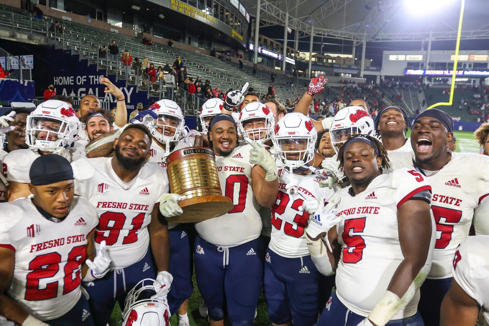 Fresno State takes the Old Oil Can in win over San Diego State on Saturday, Oct. 30, 2021, at Dignity Health Sports Park in Carson, California. (Courtesy of Samuel Marshall/Fresno State Athletics)