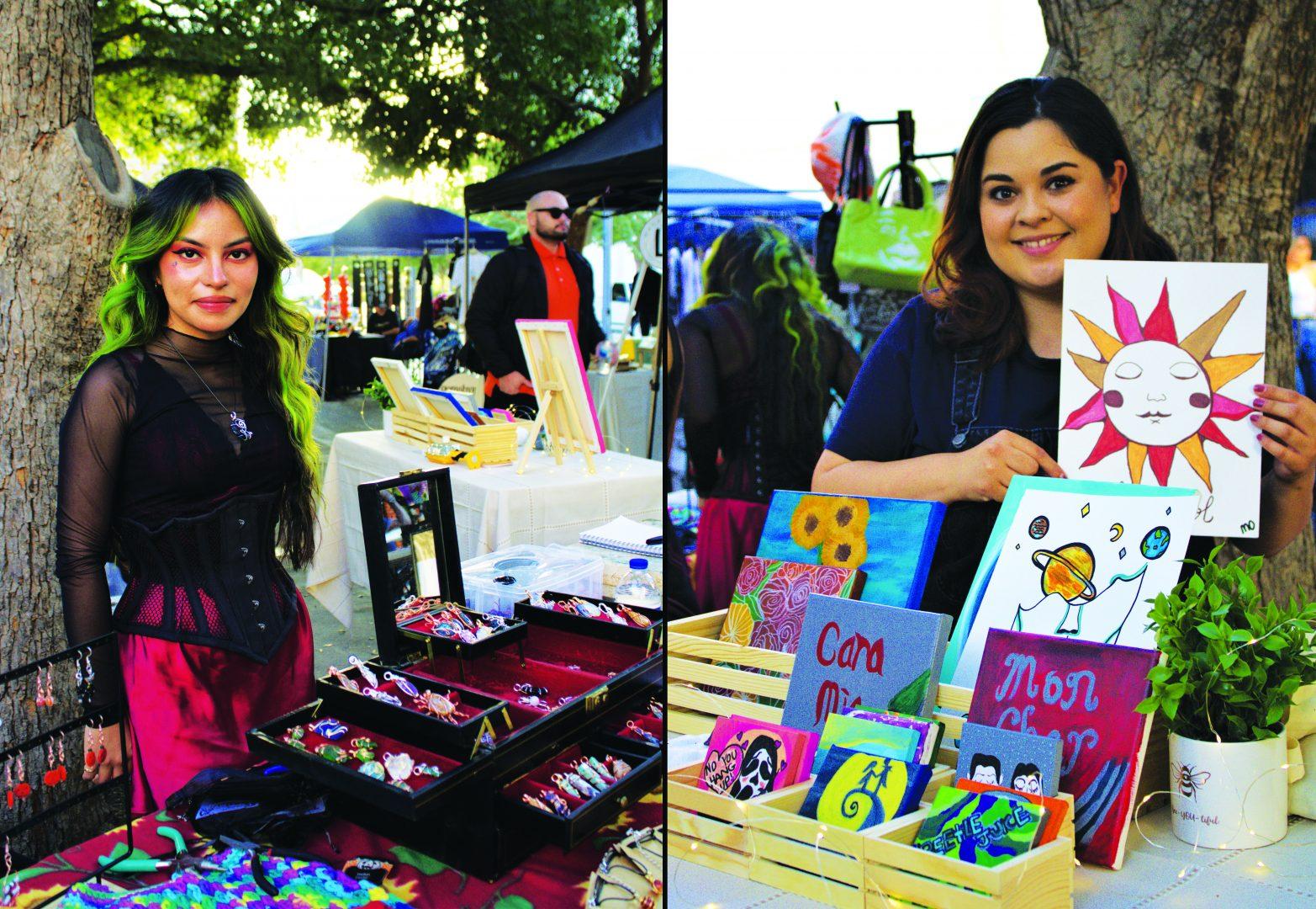 Fresno State students Adeline Garcia (left) and Marina Ortega (right) display their art at the first ArtHop of the fall season. (Miranda Adams/The Collegian)