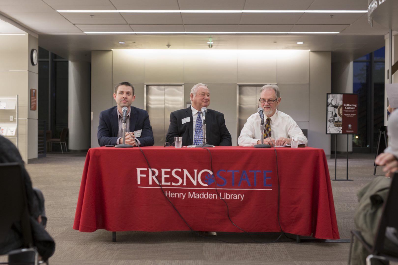 Jim Boren (center) answers questions about fake news in the Henry Madden Library on Oct. 27, 2017. Boren currently serves as the executive director for the Institute for Media and Public Trust. (Daniel Avalos/The Collegian)