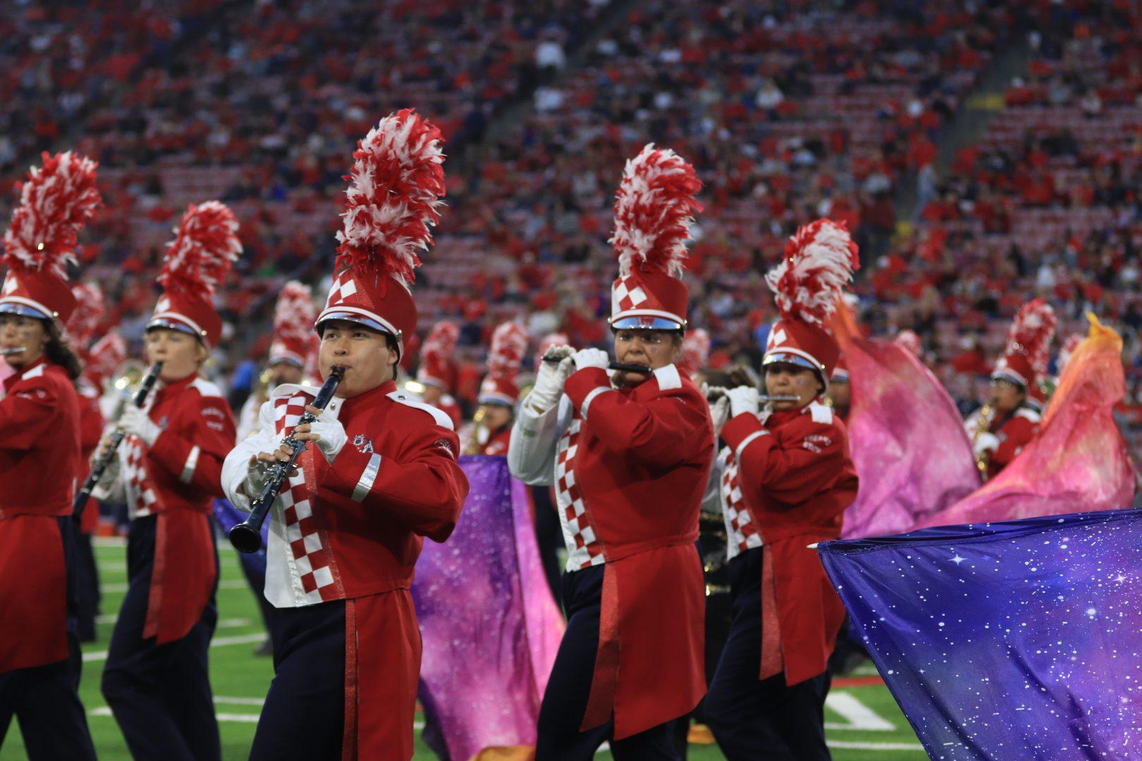 The Bulldog Marching Band performs before a sold out crowd during a Fresno State football game. (Melina Kazanjian/The Collegian)
