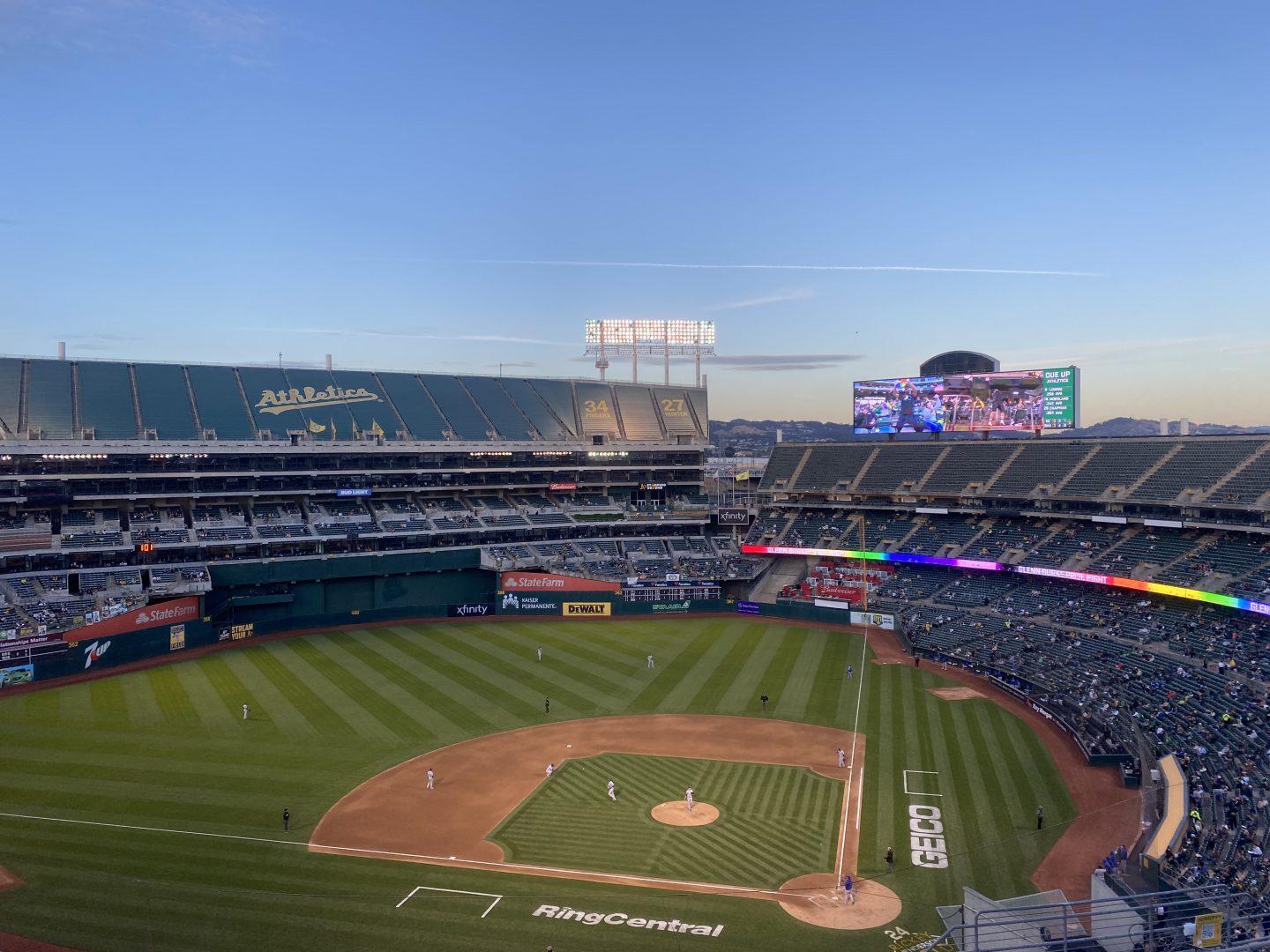 The sunsets at RingCentral Coliseum in Oakland, Calif. as the Oakland As take on the Kansas City Royals on Friday, June 11, 2021 (JesÃºs Cano/The Collegian)