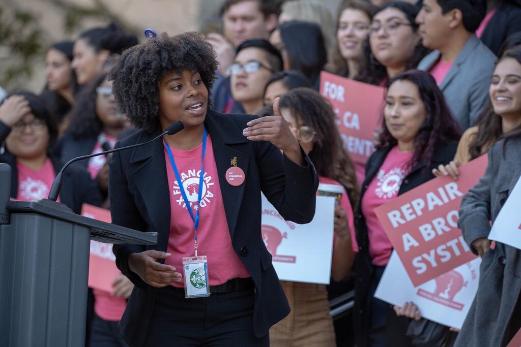 Jackson at the Fix Financial Aid rally for the Cal State Student Association, Feb. 2019, where she led chants. (Courtesy of DAungillique Jackson)