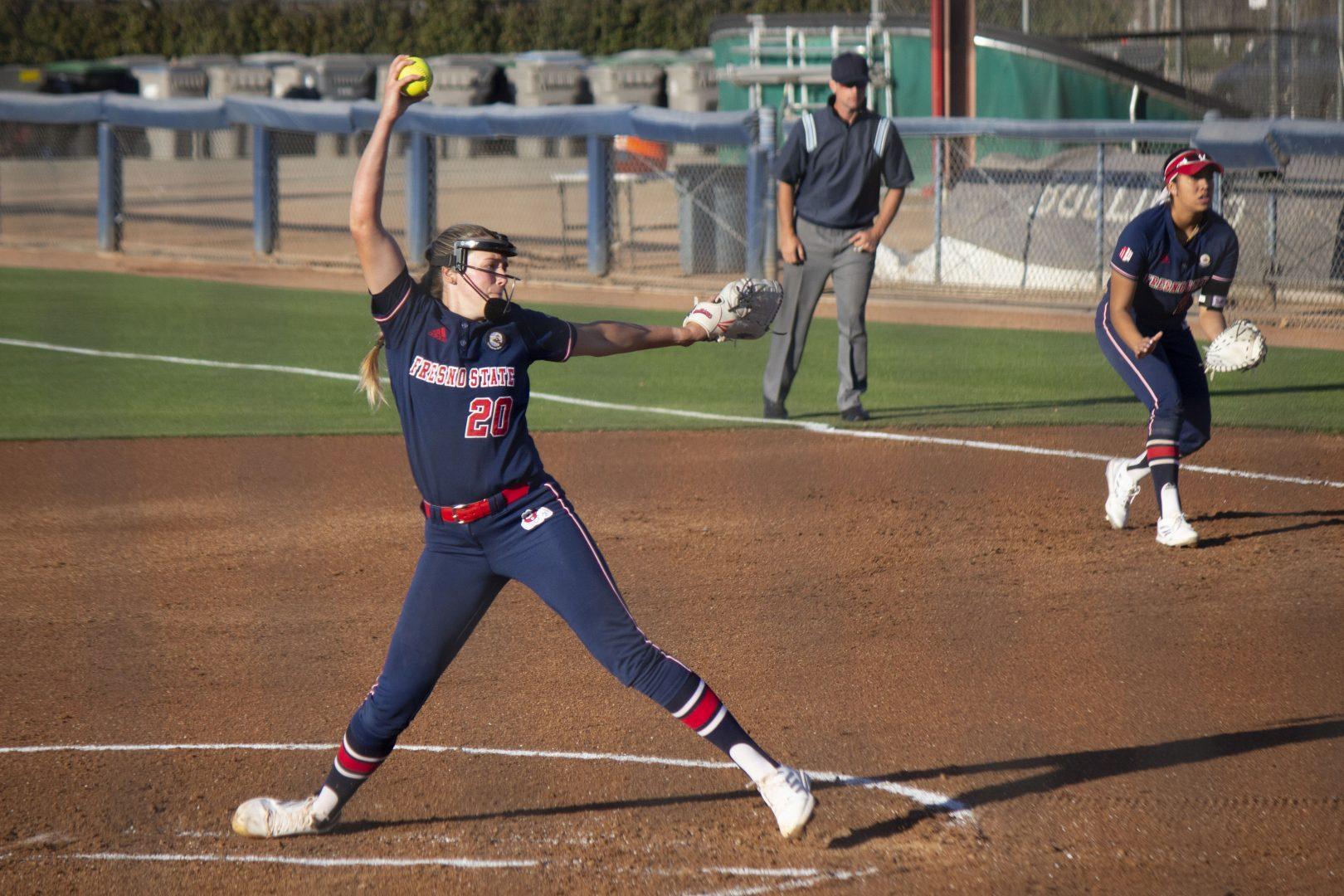 Fresno+State+Pitcher%2C+Danielle+Lung%2C+takes+the+mound+in+game+two+against+UC+Davis+on+Feb.+19.+%28Julia+Espinoza+%2F+The+Collegian%29+