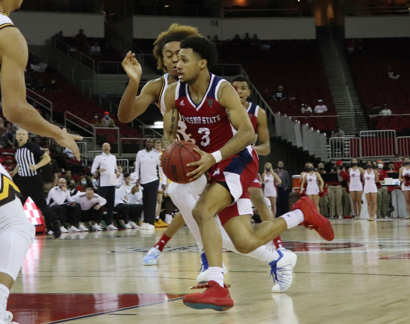Fresno State Guard Isaiah Hill making a run in the game against Wyoming Feb. 6, 2022 at the Save Mart Center. (Melina Kazanjian/ The Collegian) 