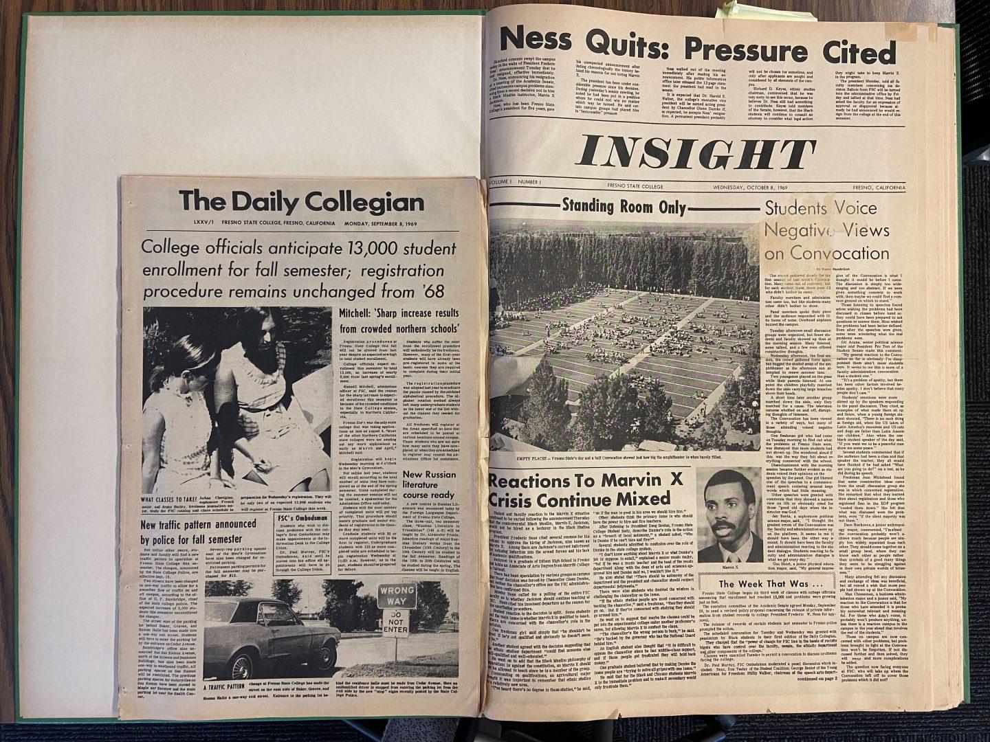 Copies of The Collegian and Insight, a separate paper created after The Collegian departed from the Journalism Department. (Edward Lopez/The Collegian)