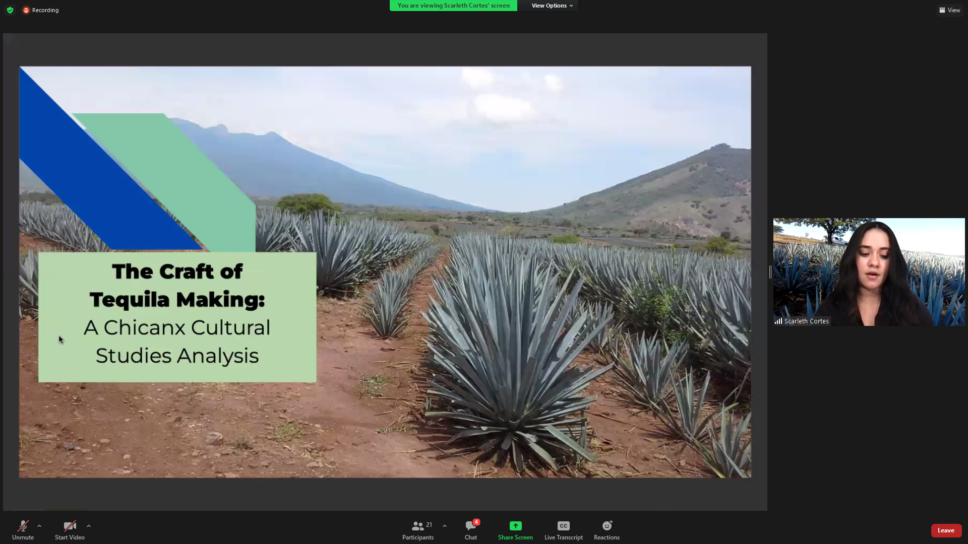 The conference featured research presentations throughout various sessions, such as the Reclaiming the Narrative session during which Scarleth Cortes presented The Craft of Tequila Making: A Chicanx Cultural Studies Analysis. (Screenshot captured by Adam Ricardo Solis)