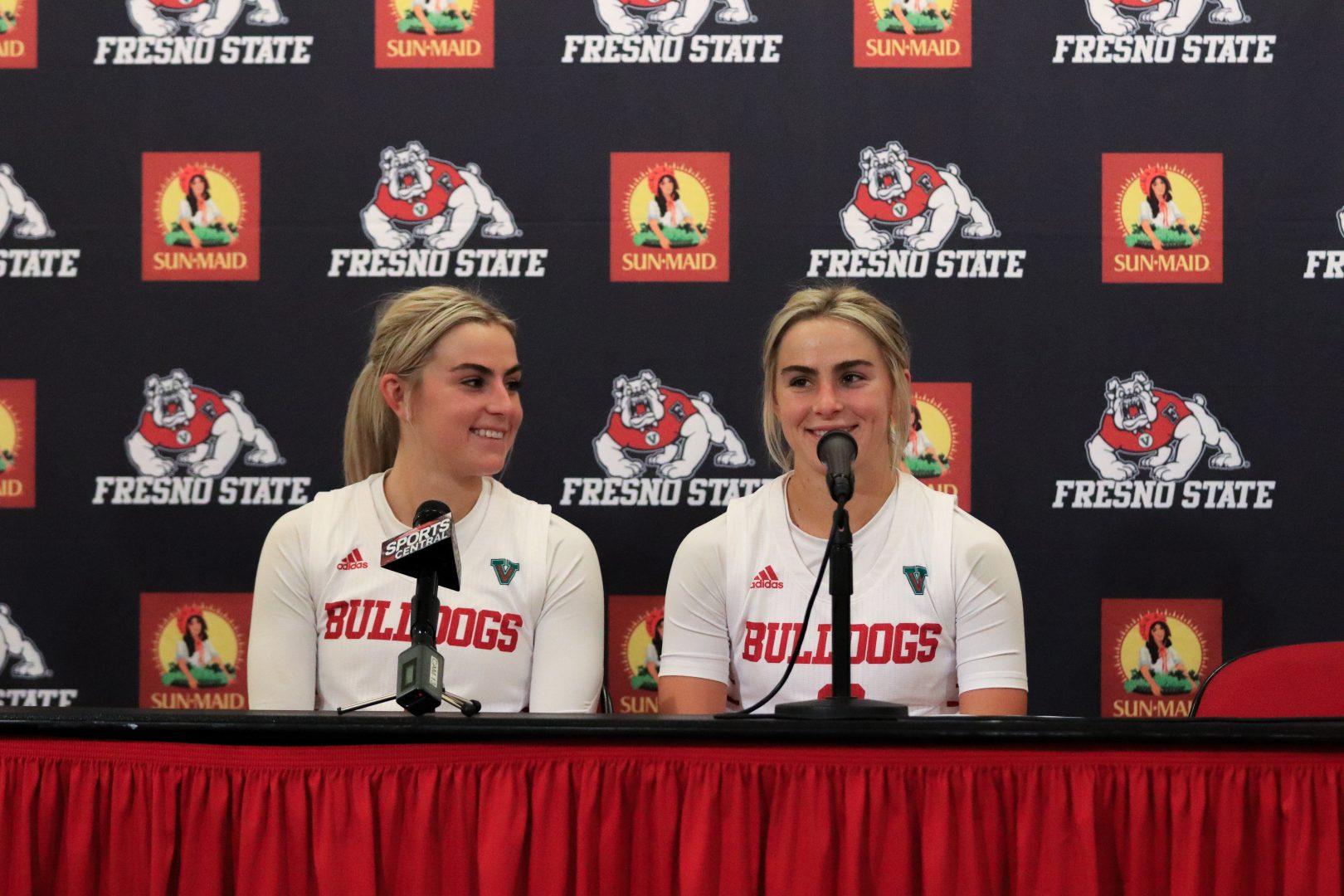 Cavinder twins at post game press conference after their game against Stanislaus State on Nov. 17, 2021 at Save Mart Center. (Melina Kazanjian/ The Collegian) 
