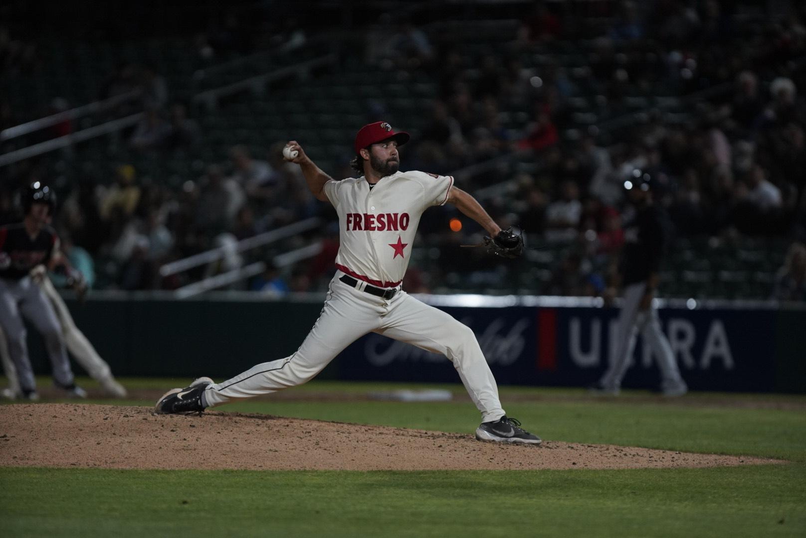 
Noah Gotsis pitching against Lake Elsinore Storm on April 23, 2022 at Chukchansi Park. (Wyatt Bible/ The Collegian)