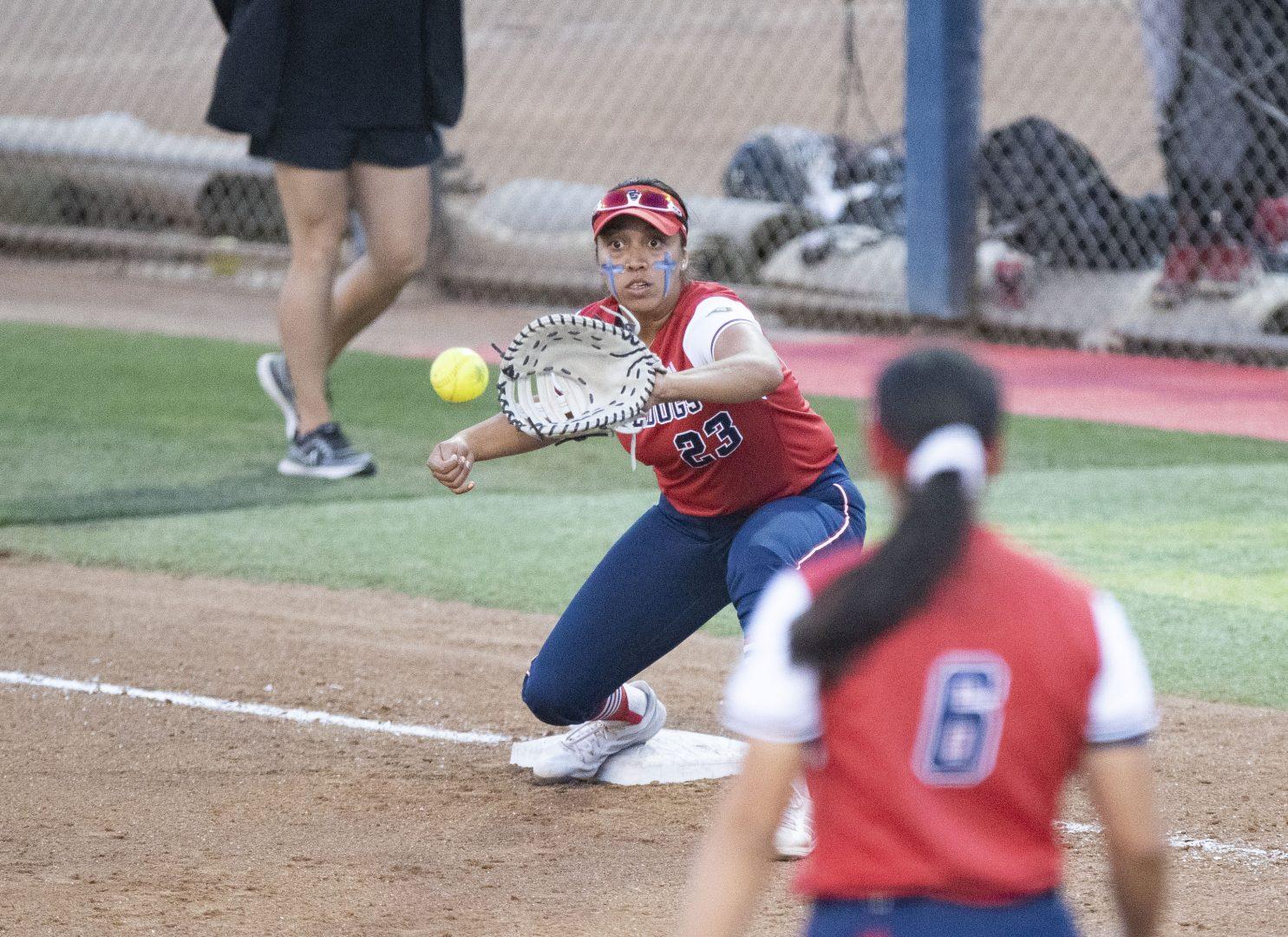 Senior Vanessa M. Hernandez catches the ball at first to get an out after a hit in the first game of
the home series against San Diego State on March 26, 2022 (Wyatt Bible/ The Collegian)