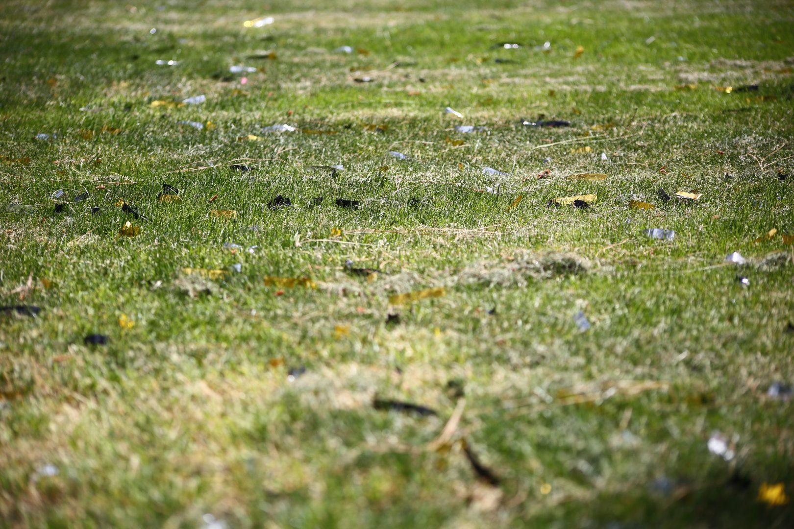 Confetti left behind on the grass in front of the Kennel Bookstore. (JesÃºs Cano/The Collegian)