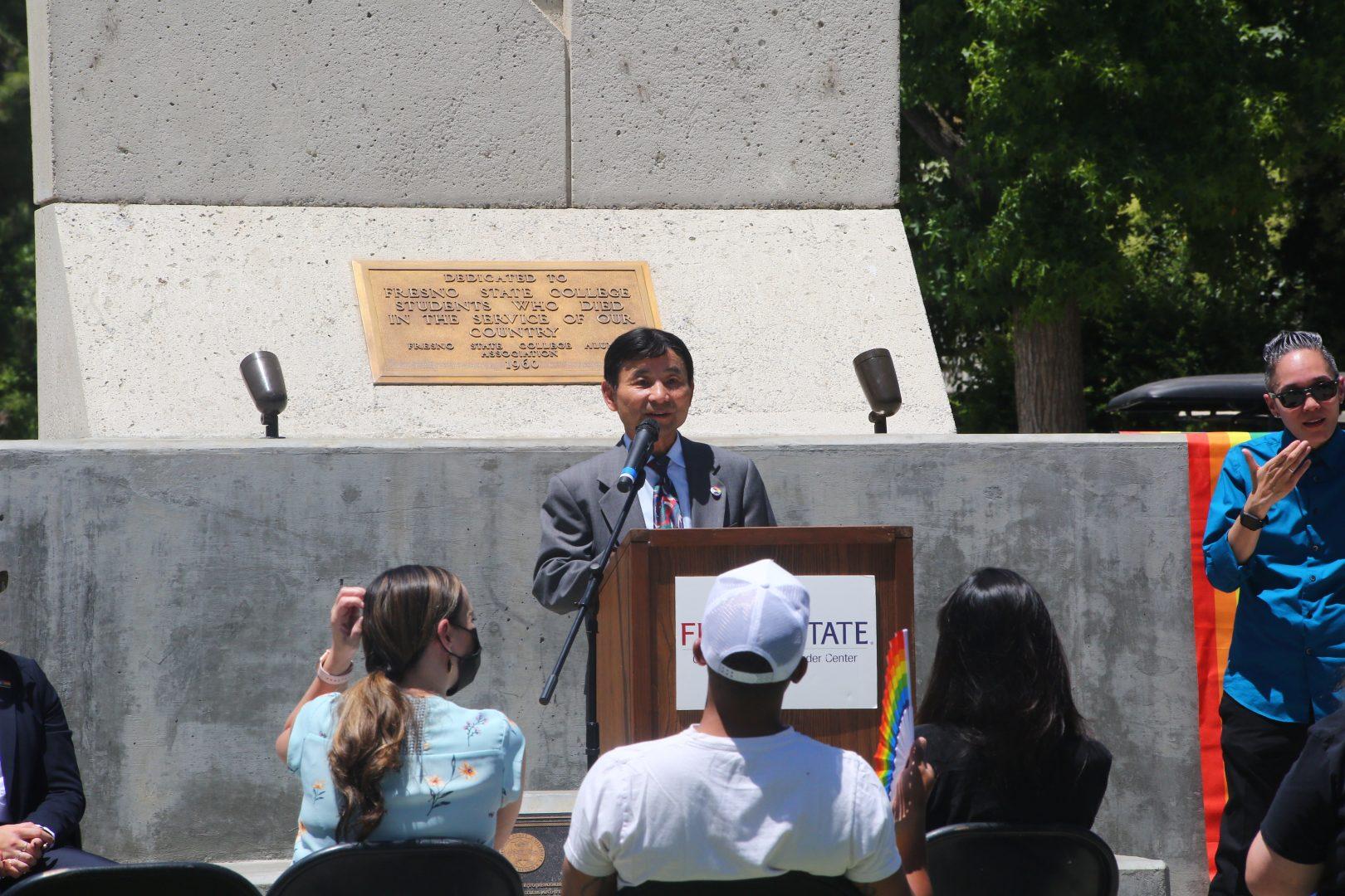 Xuanning Fu addresses attendees of the second annual pride flag raising on June 1, 2022. (Jannah Geraldo/The Collegian)