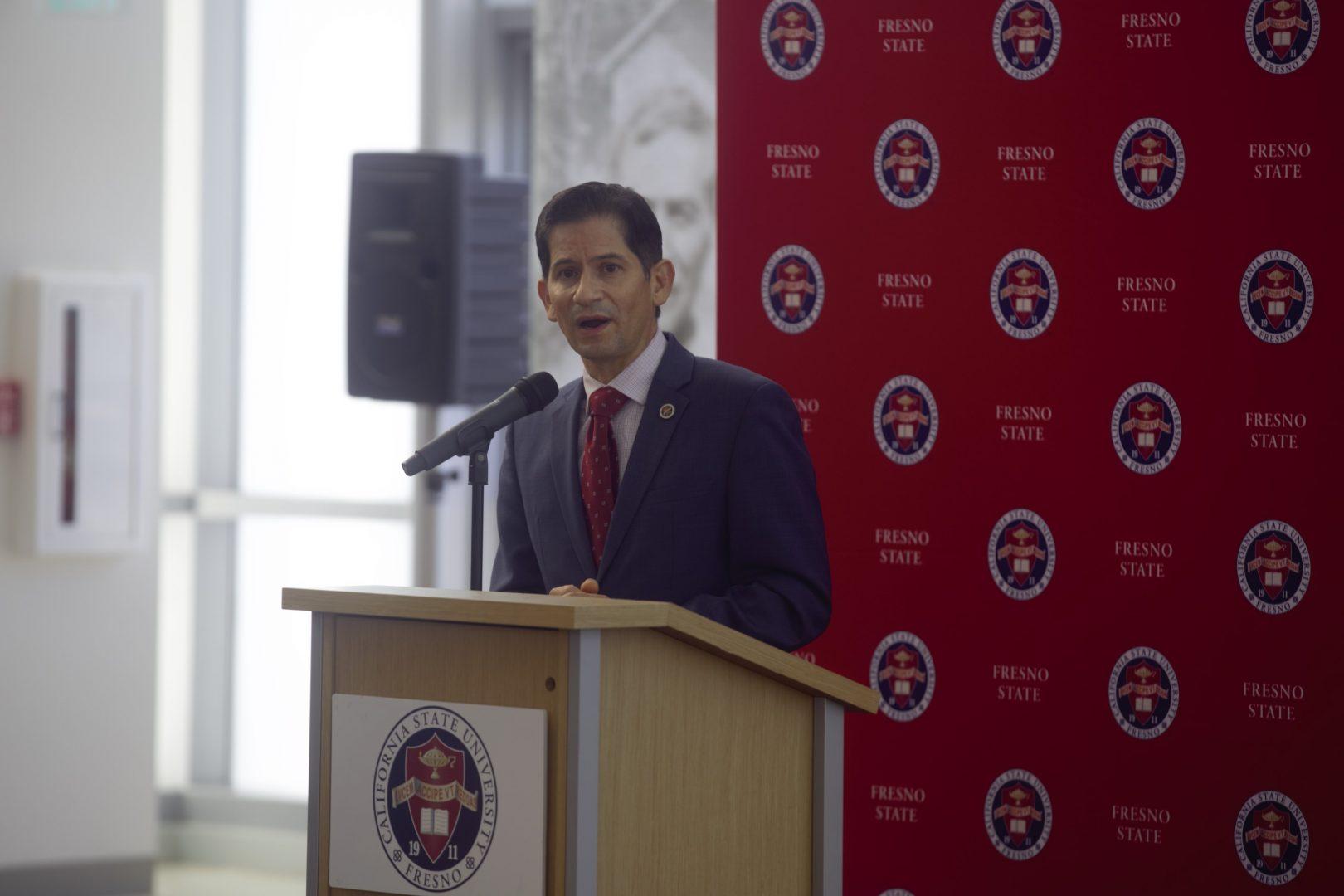 Fresno State President SaÃºl JimÃ©nez-Sandoval during an open forum on March 24, 2021 at Room 118 in the North Gym . (JesÃºs Cano/The Collegian)