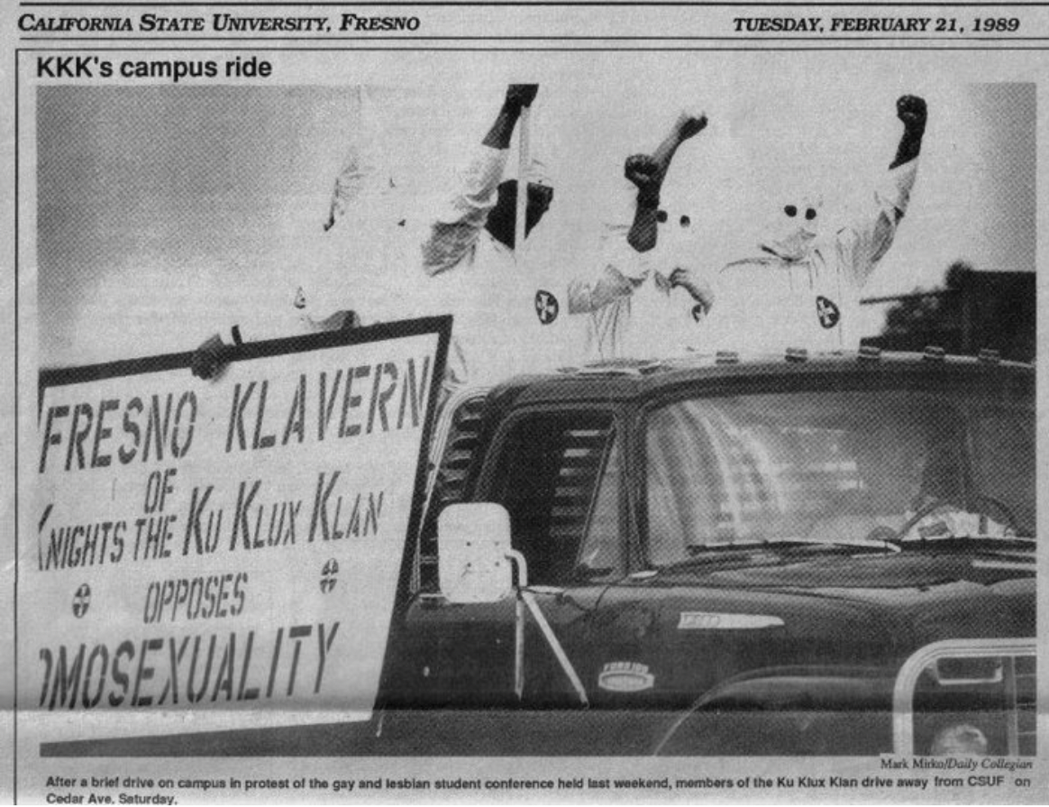 In February 1989, the Ku Klux Klan came to Fresno State’s campus in protest of the 8th annual conference of western states’ lesbian gay and bisexual students. (Courtesy of Peter Robertson)