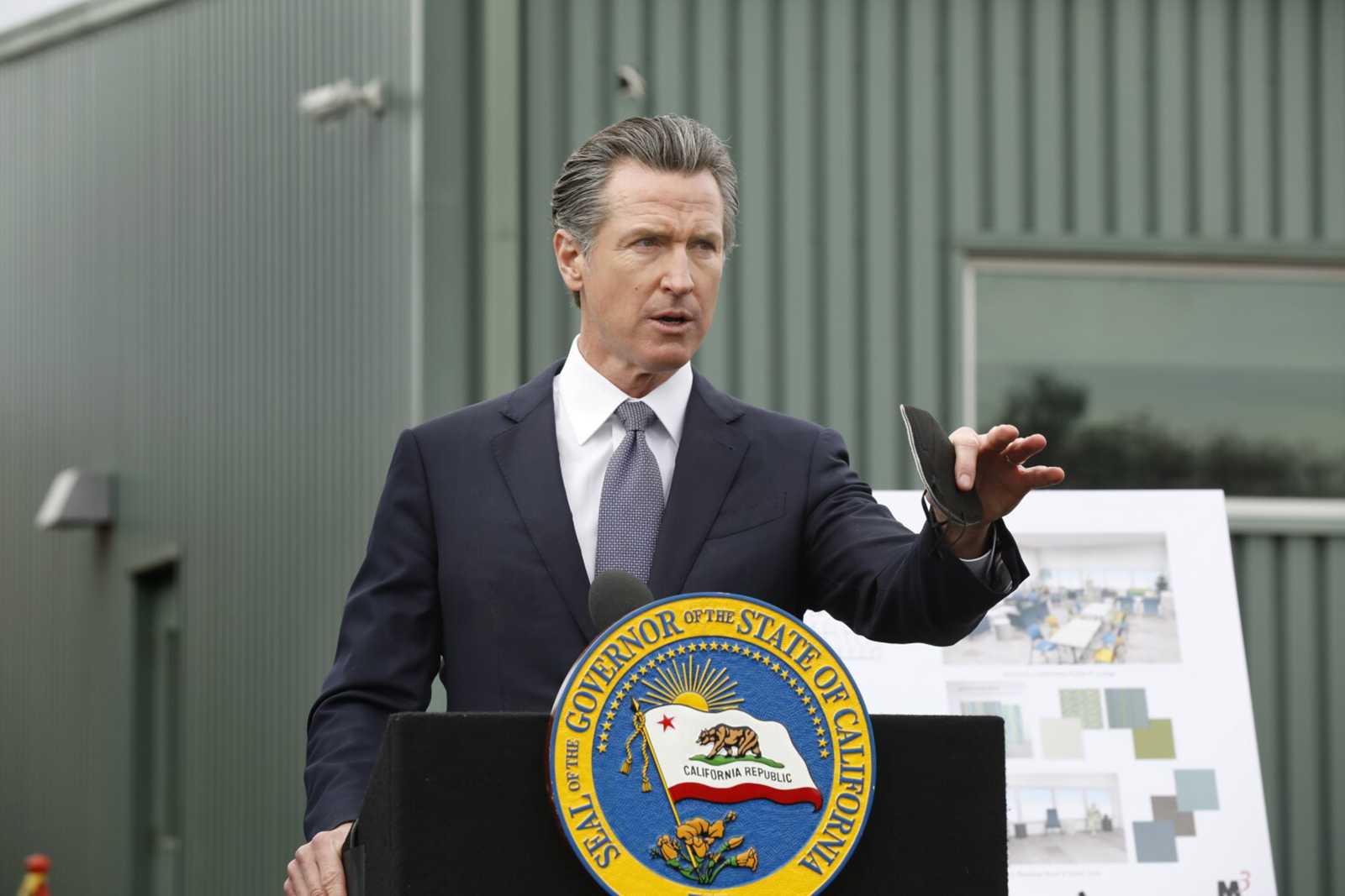 California Gov. Gavin Newsom holds a news conference after taking a tour of the site of a behavioral health and transitional housing facility in Los Angeles County on Jan. 31, 2022. (Carolyn Cole/Los Angeles Times/TNS)