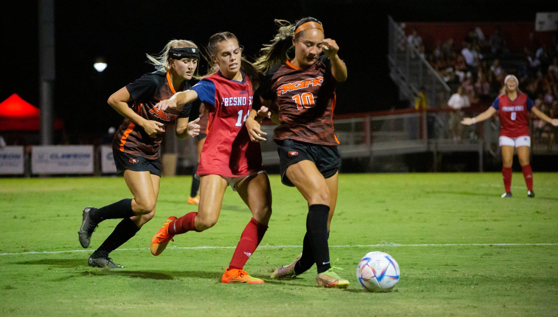 Megan Galvan races to take the ball in the game against the University of the Pacific on Sept. 4, 2022, at Fresno State Soccer Stadium. (Eric Martinez/ The Collegian)