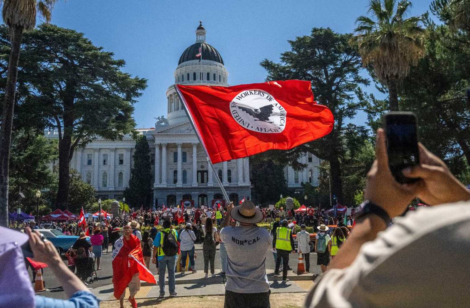 Joe Aguilar of Sacramento, California, waves a United Farm Workers flag in front of the state Capitol in Sacramento after the union finished a 24-day march on Aug. 26, 2022, to call on Gov. Gavin Newsom to sign a bill that would give farmworkers the ability to vote from home to unionize. (Hector Amezcua/Sacramento Bee/TNS)