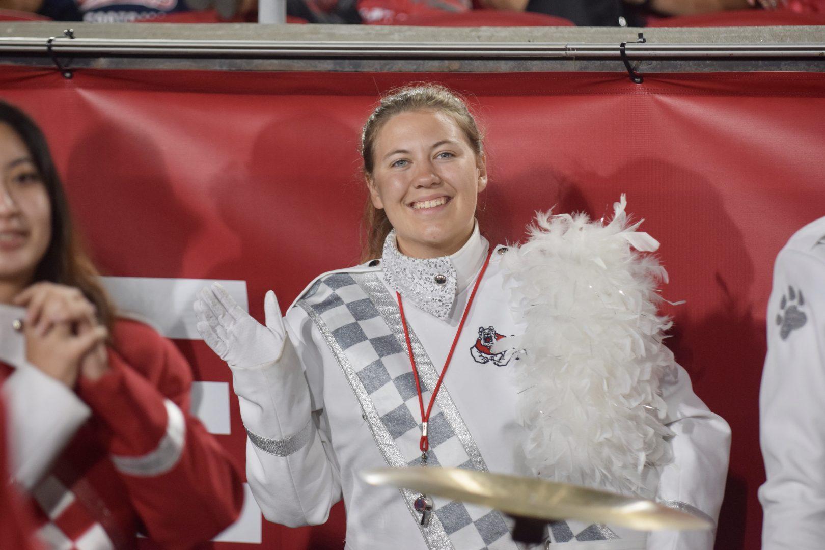 Assistant drum major Kristine Kemmer will travel with the Bulldog Marching Band to the Rose Parade in Pasadena for New Year’s and to Dublin, Ireland, for the annual St. Patrick’s Day Parade in March 2023. (Aidan Garaygordobil/The Collegian)