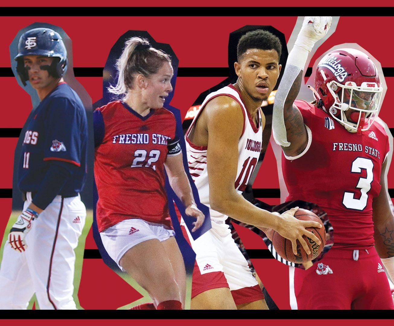 Multiple Fresno State alumni got the chance to move on to professional play. Athletes listed left to right, Andrew Rachel, Robyn McCarthy, Orlando Robinson and Arron Mosby. (Graphic by Wyatt Bible/ The Collegian)