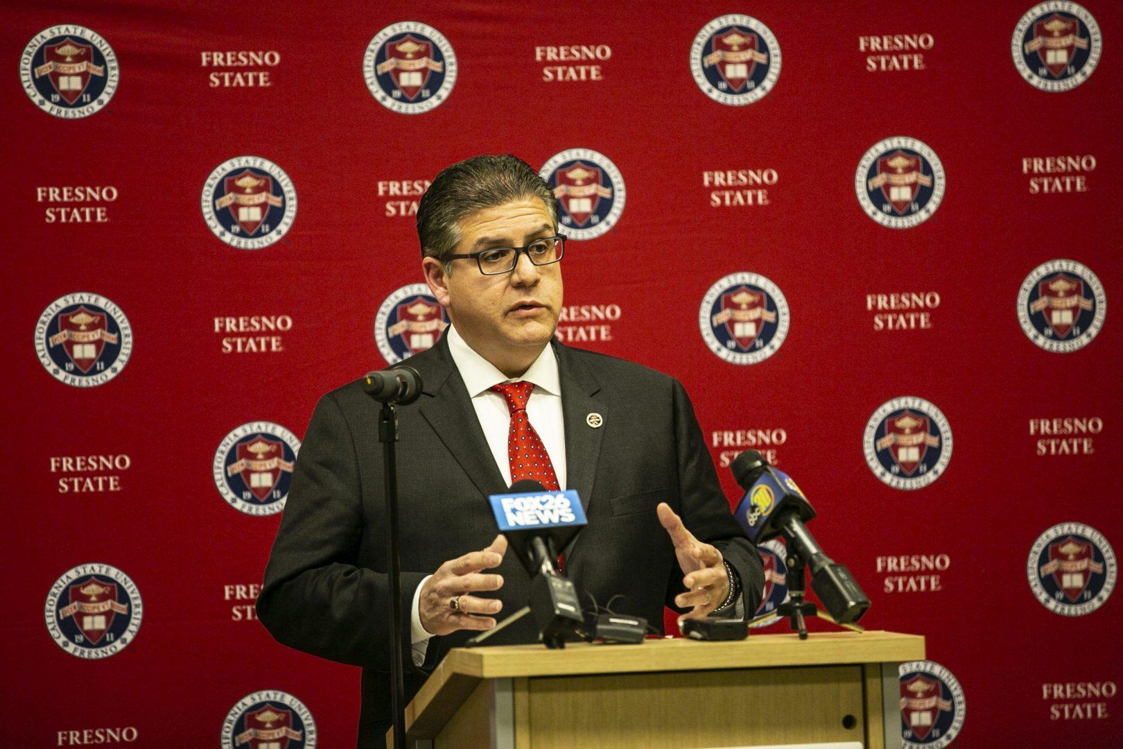 Fresno State President Dr. Joseph Castro speaking at a press conference on March 12, 2020. (Larry Valenzuela/The Collegian)