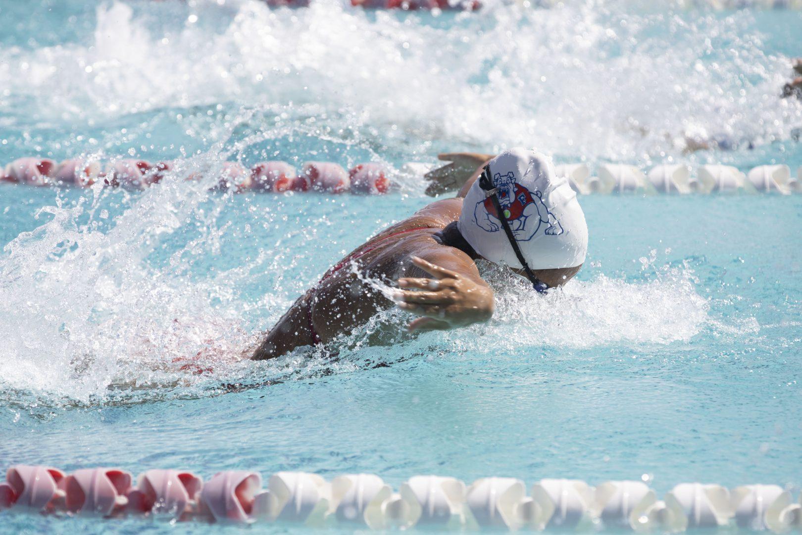 Alyssa Libang swims in the 200 IM on day one of the Chick-fil-A Invitational on Oct. 7. (Estela Anahi Jaramillo/ The Collegian)