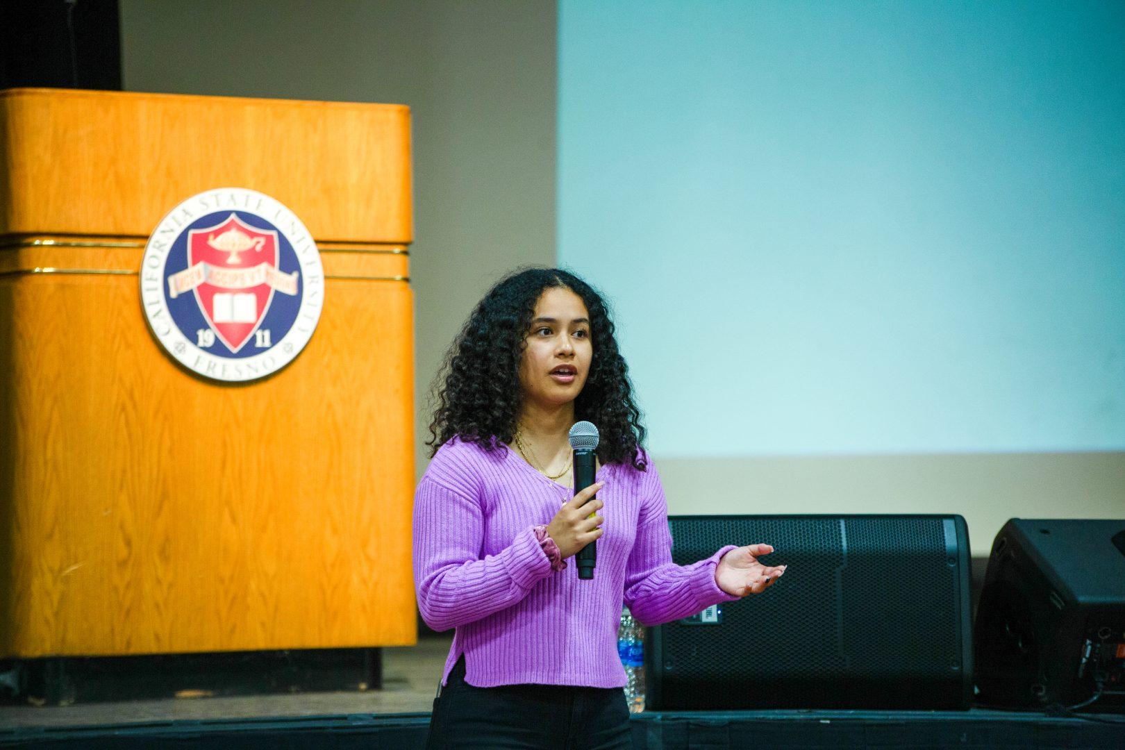 Fresno State Associated Student Inc. President Caroline Alvarez speaks at open forum event on Oct. 26, 2022. (Manuel Hernandez/The Collegian)