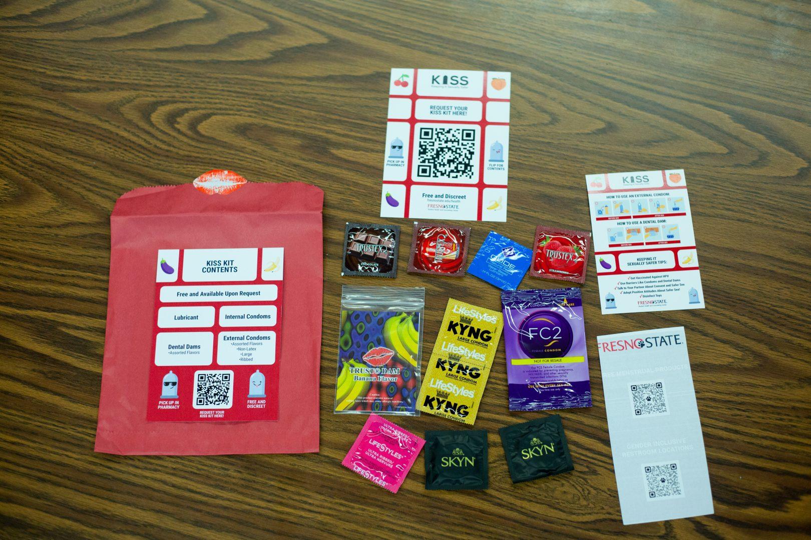Kits include the option of two, four or six external condoms and the choice of flavored condoms; internal, or female, condoms; water-based lubricant; or dental dams. External condoms come in regular size, large size or non-latex for students with latex allergies. (Manuel Hernandez/The Collegian)