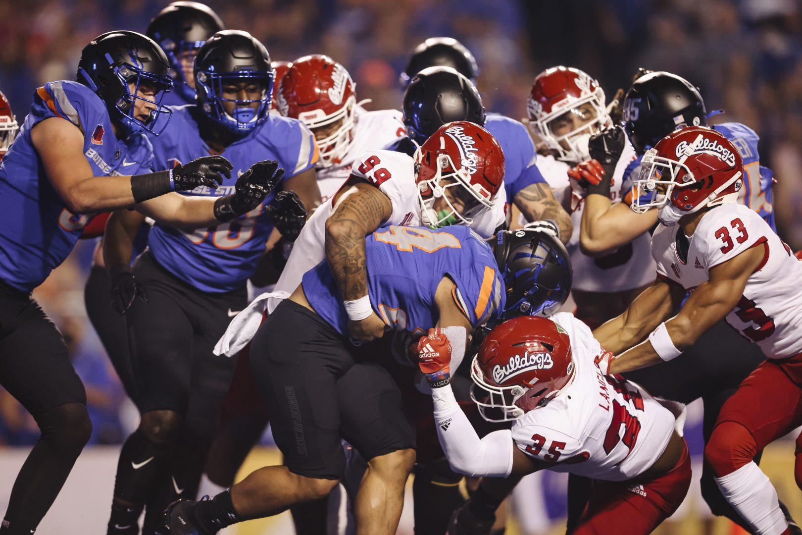 The Fresno State Bulldogs defeated the Boise State Broncos at Albertsons Stadium in Boise, Idaho on December 3, 2022. Photo of Fresno State playing against Boise State in Oct. 8 matchup. (Samuel Marshall/ Fresno State Athletics)