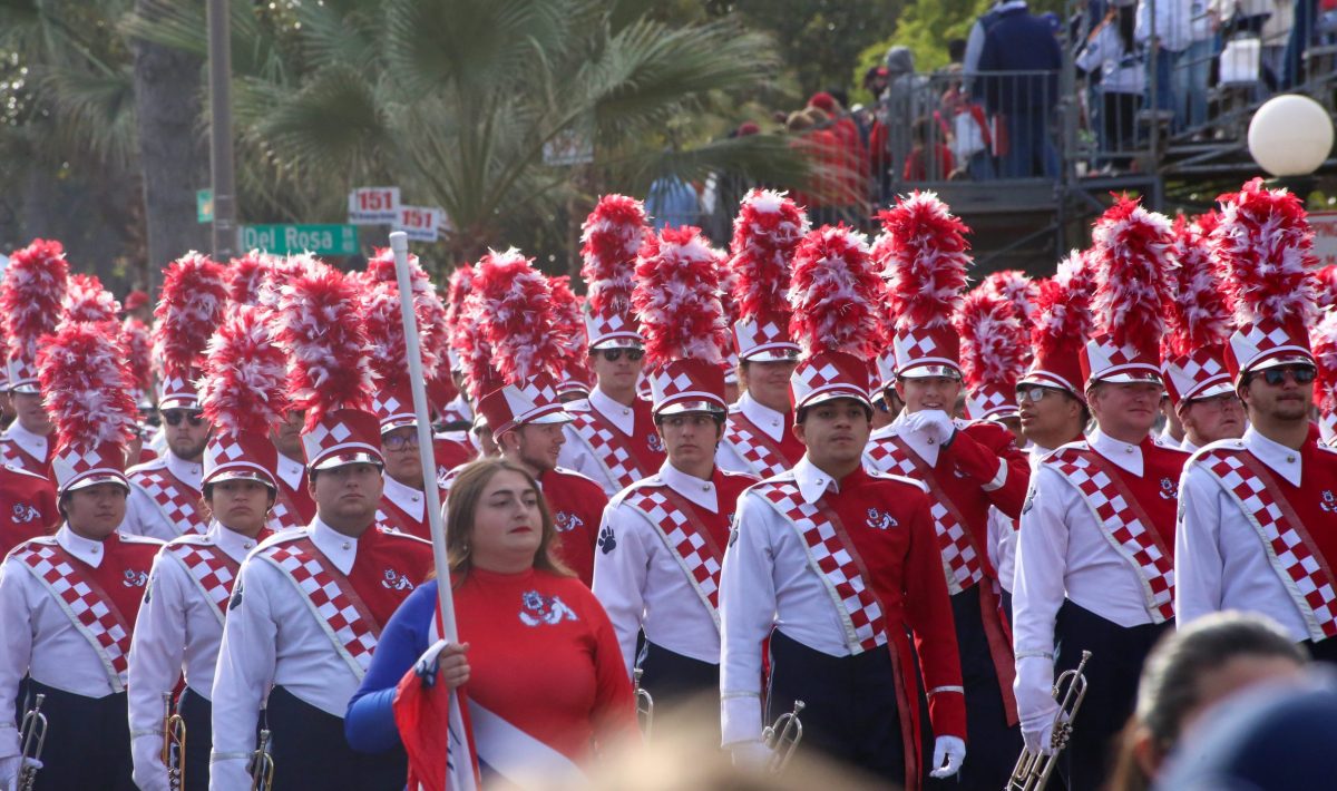 The Bulldog Marching Band awaits their turn to march in Pasadena for the Rose Parade on Jan. 2, 2023. 