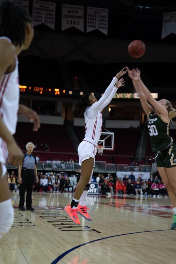 Fresno State guard, Keely Brown, shoots a 3-pointer against Colorado State.