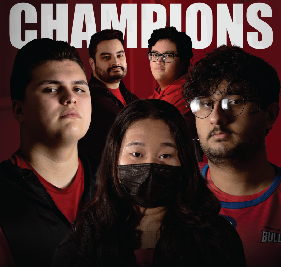 The Fresno State Overwatch Team from left to right: Zander Sundown Townsend, Ryan Xemp Ramos, Erin Sage Xiong, George Phoenix Rodriguez and Jad Kang. (Courtesy of Fresno State Esports)