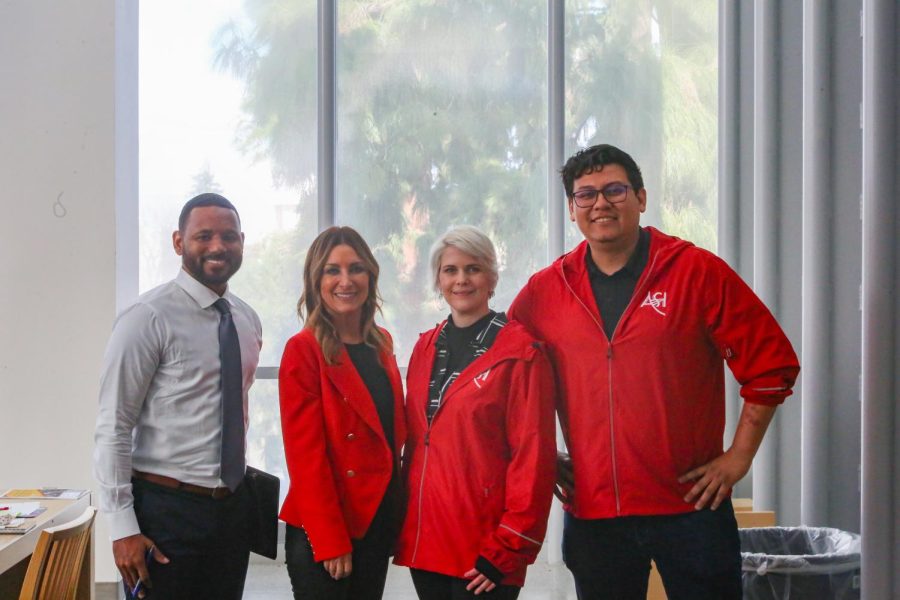 Kent Willis, vice president for Student Affairs, Debbie Adishian-Astone (center-left), Fresno State vice president of Administration, and two ASI members pose for photo after student open forum.