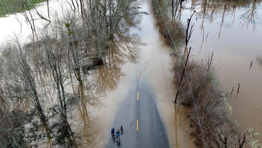 Pedestrians look at a flooded road in Sebastopol, California, on Jan. 5, 2023. (Josh Edelson/AFP/Getty Images/TNS)