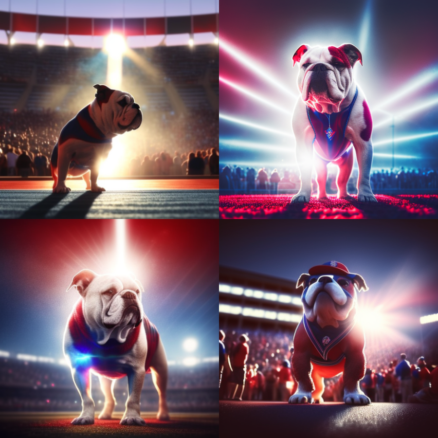 A series of images of Victor E. Bulldog generated through specific prompts by Fresno State professor Wesley Wise. (Courtesy of Midjourney)