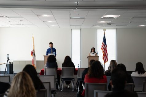Associated Students, Inc. presidential candidates Sami Natafji and Karen Carrillo speak at debate on March 16 in the Resnick Student Union.