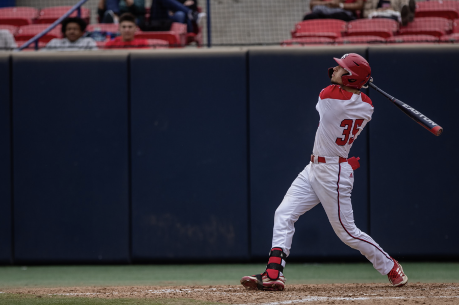Bobby Blandford looks up as he hits against New Mexico.  