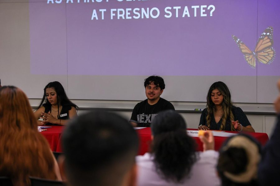 Fresno State students Karen Carrillo (left), Angel Barraza (center), and Danna Martinez (right) speak at the “I am First” panel on April 20 at the Library.