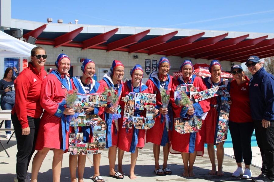 Seniors of the water polo team are recognized at the Fresno State Aquatics Center. 