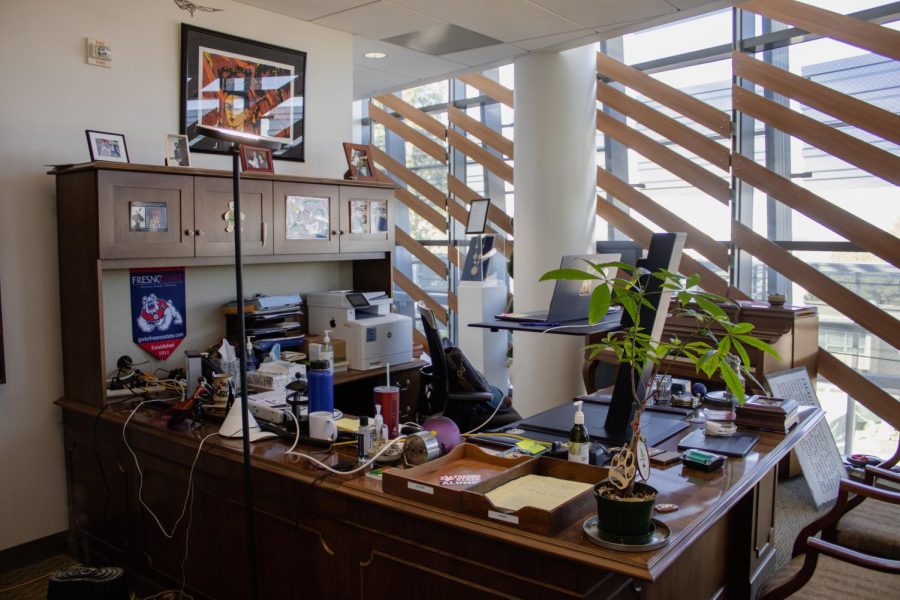 Presidet Jiménez-Sandovals office overlooks the center of Fresno States campus from the fourth floor of the Library.