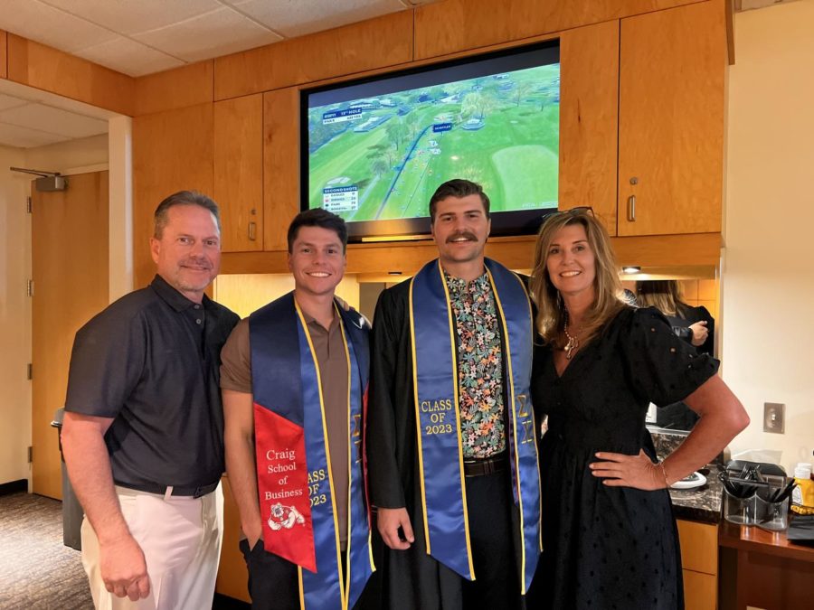 Skip (far left), Tyler (middle left), Travis (middle right) and Lisa (far right) Hansen celebrated the commencement of two brothers, Tyler and Travis, who graduated from Fresno State on May 19.