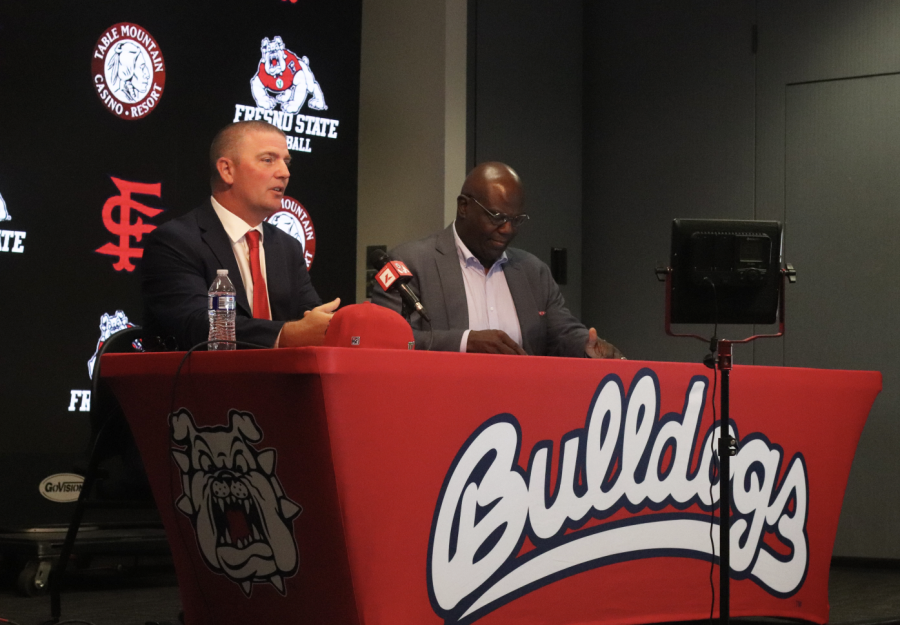 Head Coach Ryan Overland (left) and Fresno State Athletic Director Terry Tumey (right) at the official head coach introduction at Josephine Theater, on June 1. 