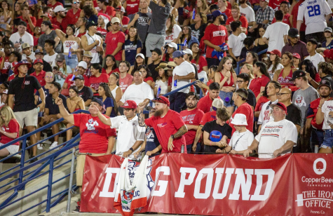 The Fresno State Dog Pound at Valley Childrens Stadium cheers in a game against Cal Poly on Sept. 1.